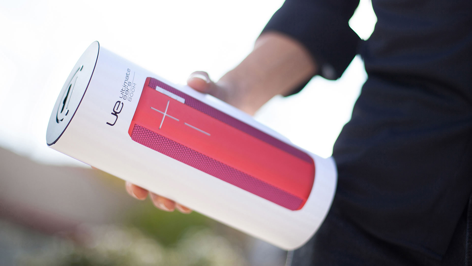 UE Boom portable speaker packaging in hand