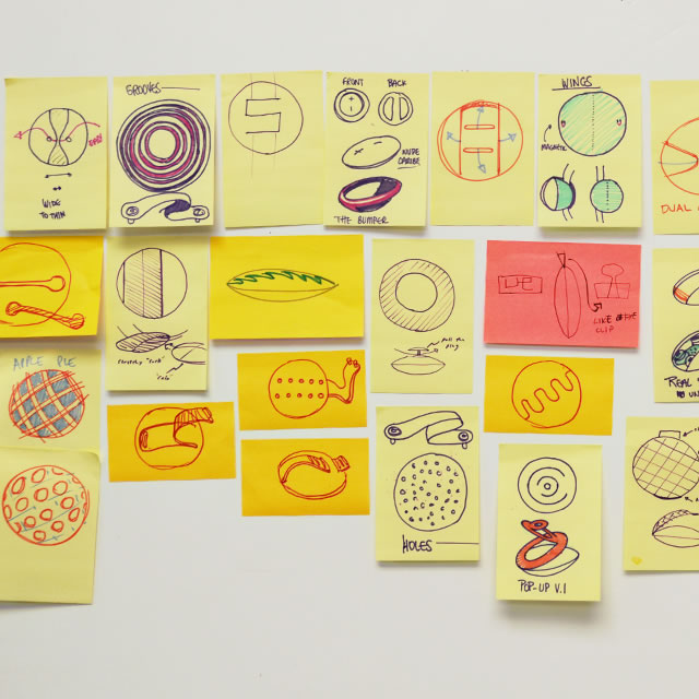 UE Roll mobile speaker design sketches on postit notes