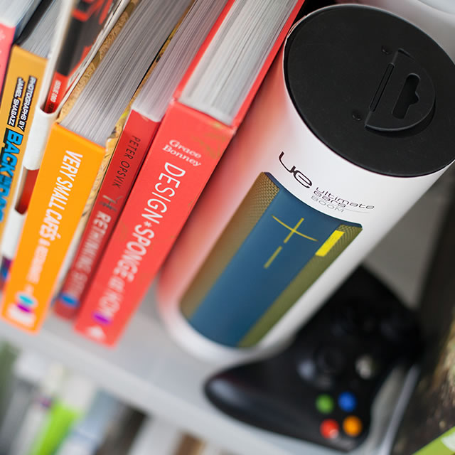 UE Boom portable speaker packaging on shelf