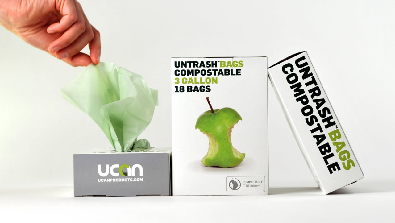 Untrash compostable bags packaging box with green apple