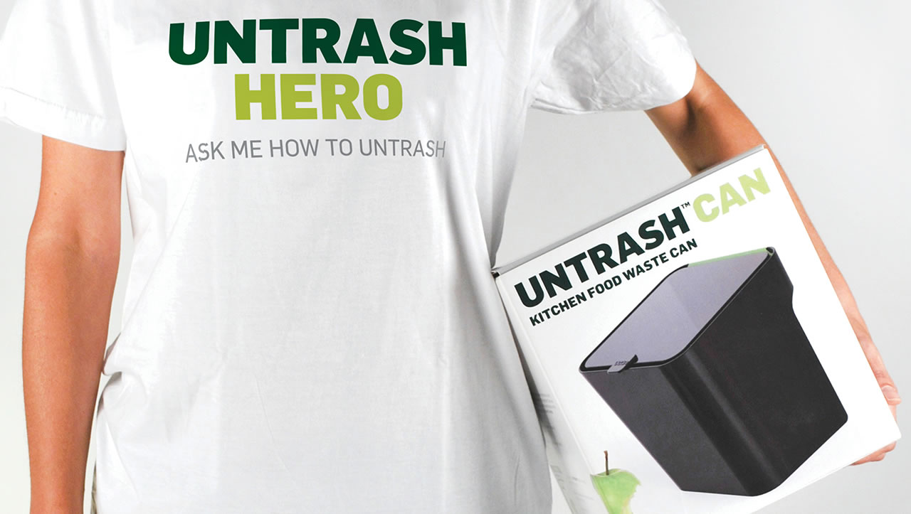 Untrash compostable can packaging and t-shirt
