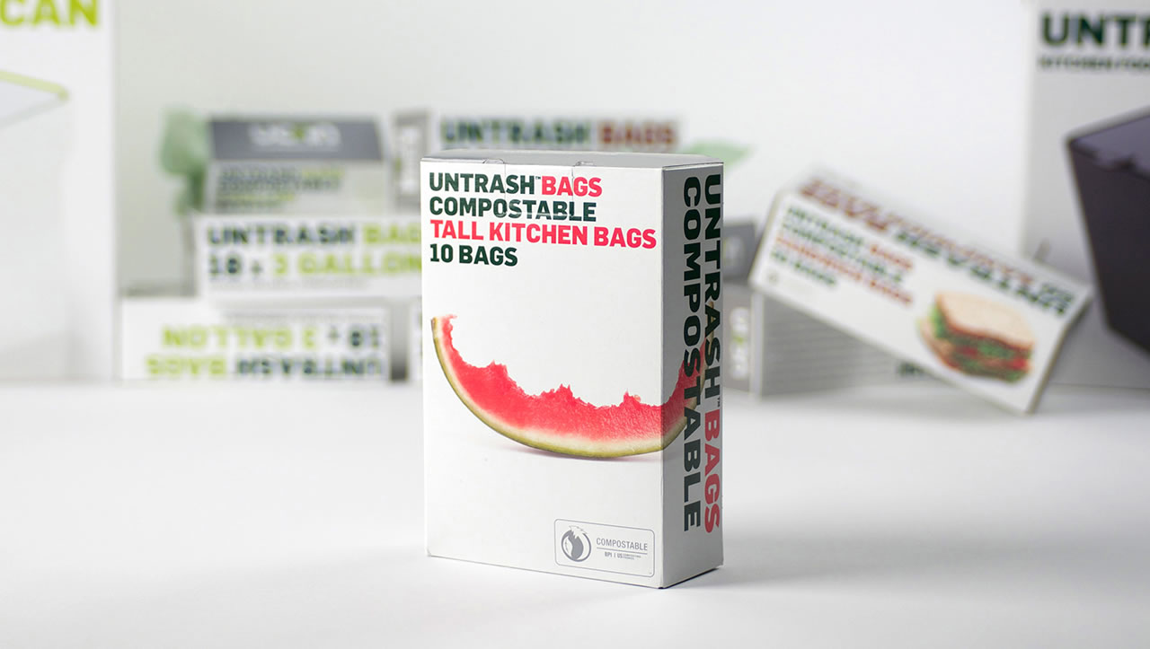 Untrash compostable bags packaging box with watermelon