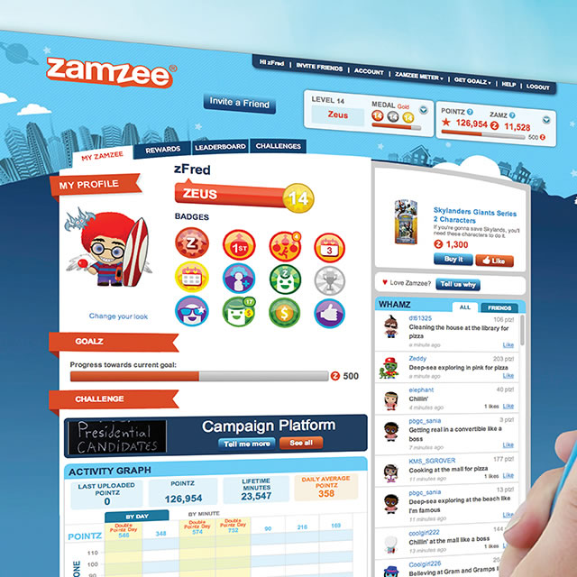 Zamzee wearable activity tracker user account page on website