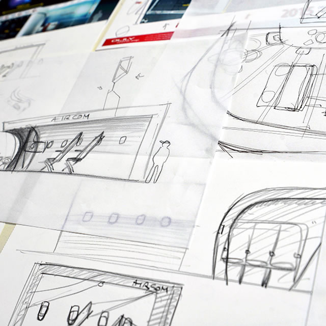 AirCom Pacific airplane seats trade show booth design sketch